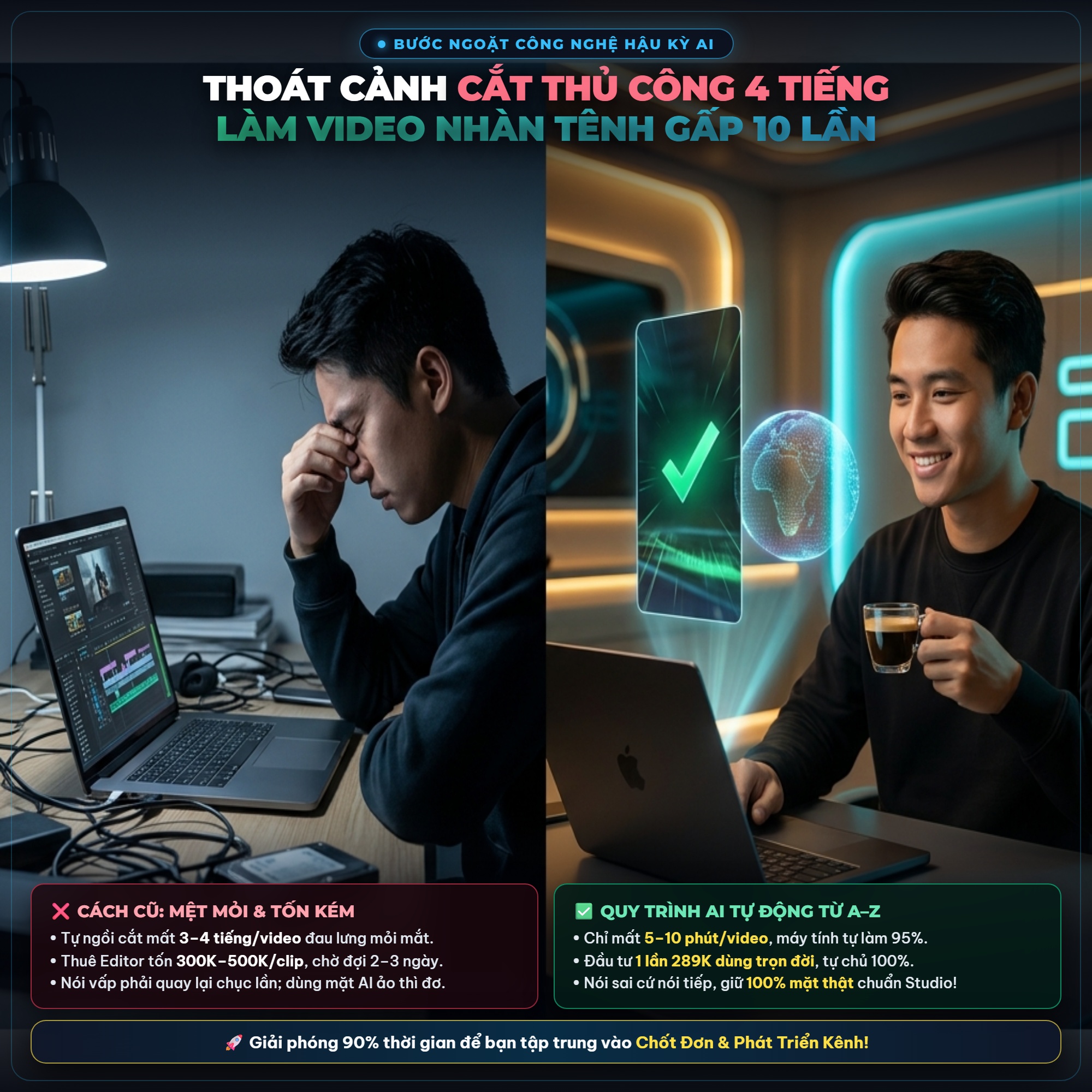 So sánh cách cắt thủ công và AI hậu kỳ tự động