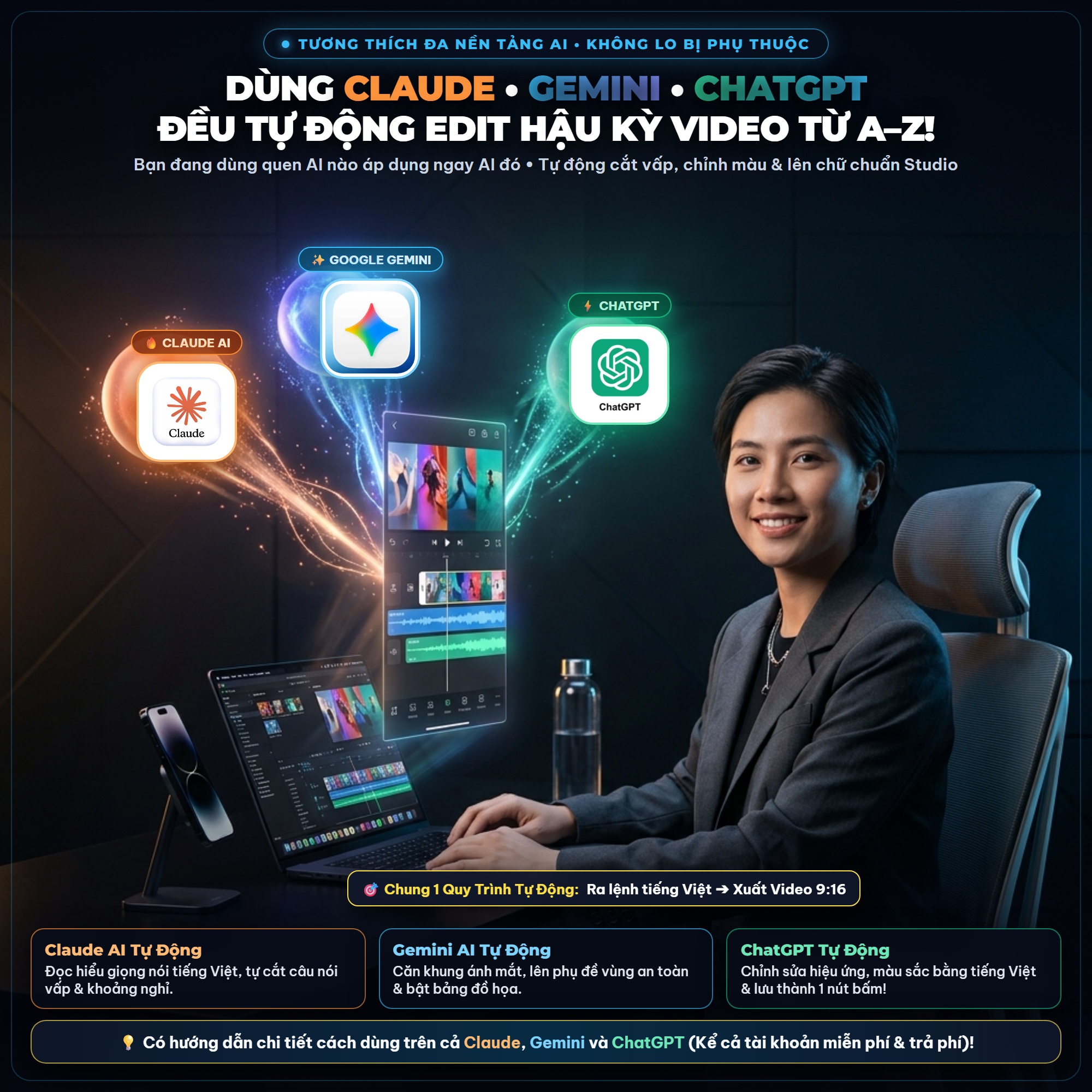 Tương thích đa nền tảng: Sử dụng Claude, Gemini hay ChatGPT đều tự động edit hậu kỳ